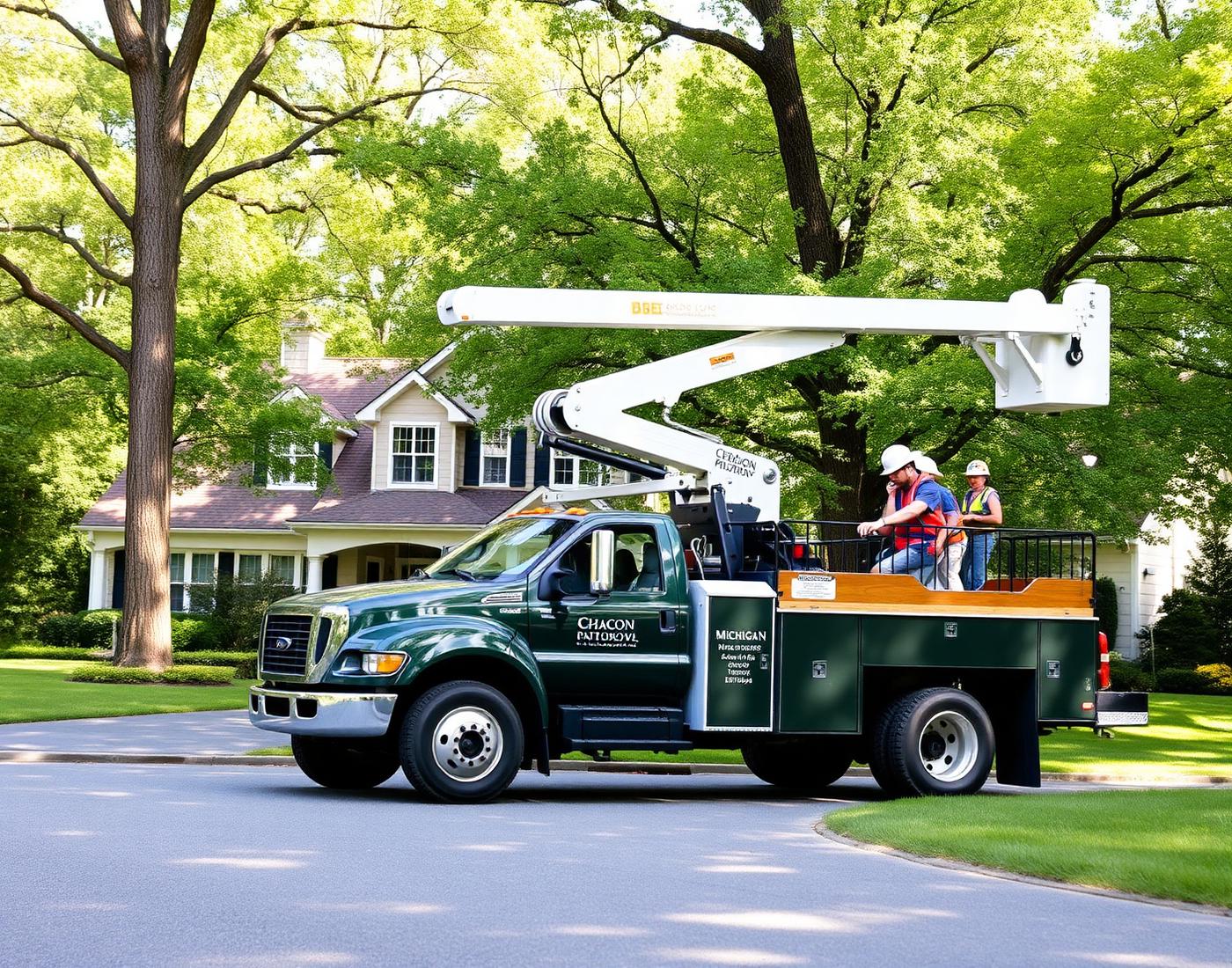 Timberline Arbor & Tree Co. bucket truck and crew on-site in Metro Detroit