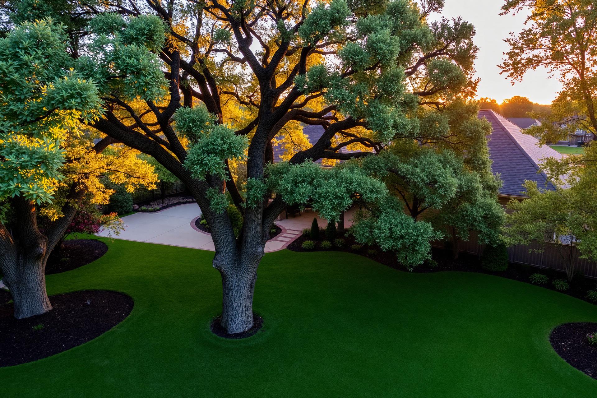 Pristine Michigan property with mature oak and maple trees at golden hour